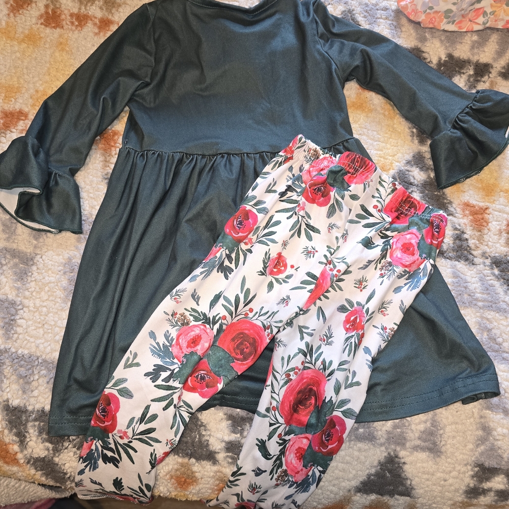 Floral Print Kids Leggings and Green Dress Set